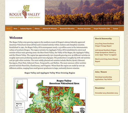 Rogue Valley Winegrowers Association website by West Design